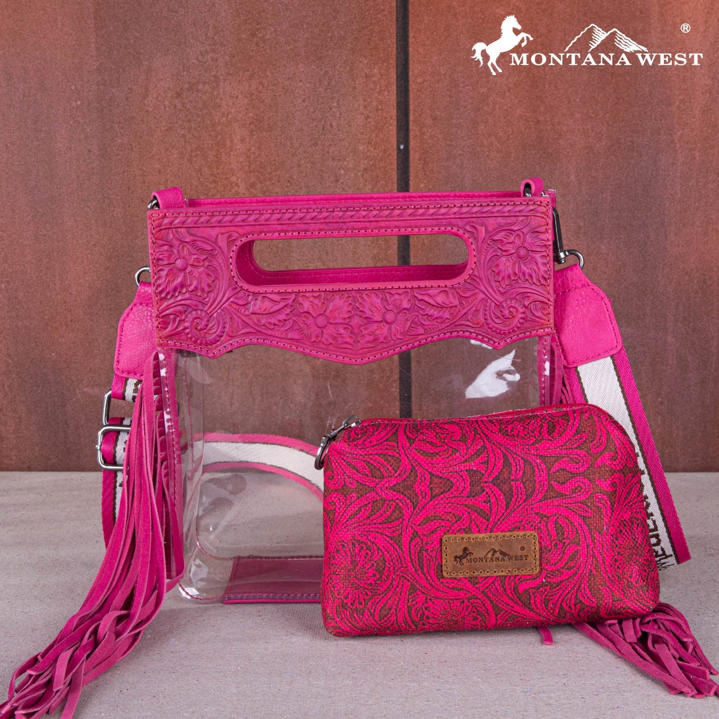 Montana Tooled Leather Clear Stadium Crossbody + Wallet - Hot Pink
