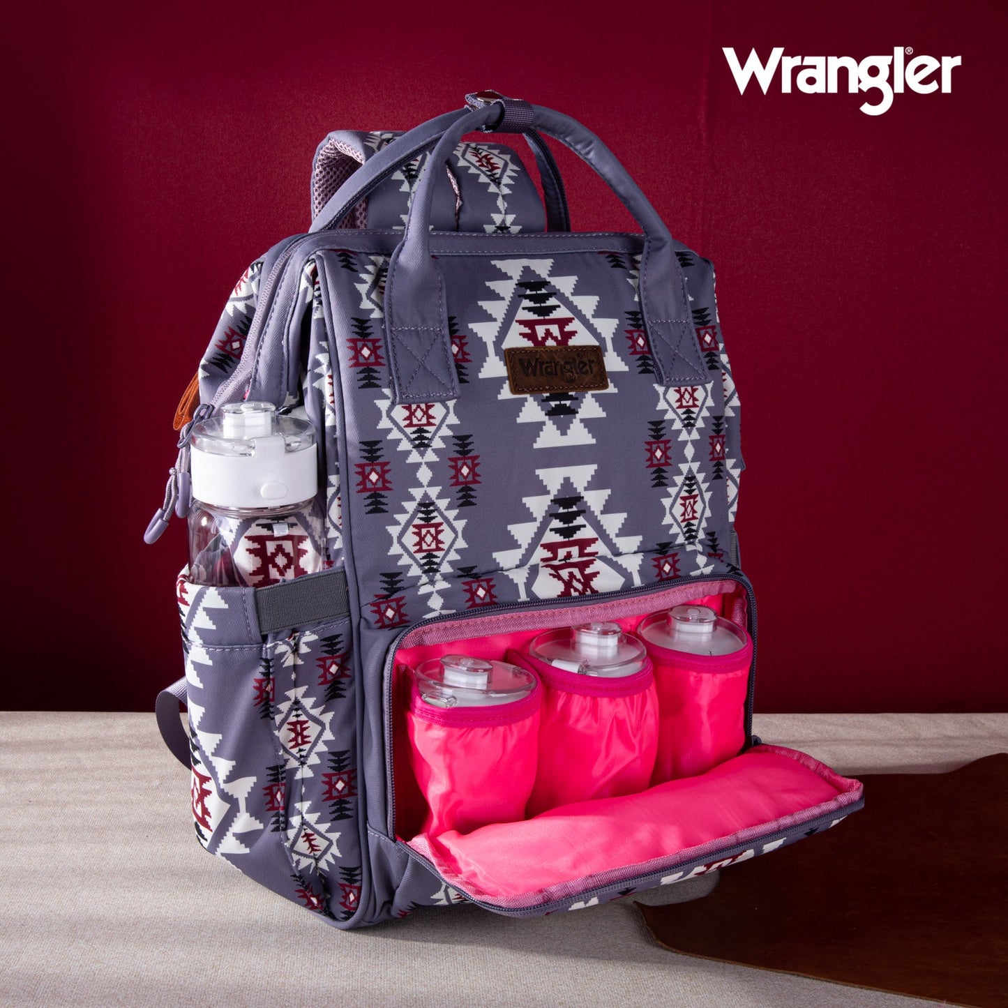 Aztec Lavender Wrangler Bag / Diaper Bag - Hot Pink Interior