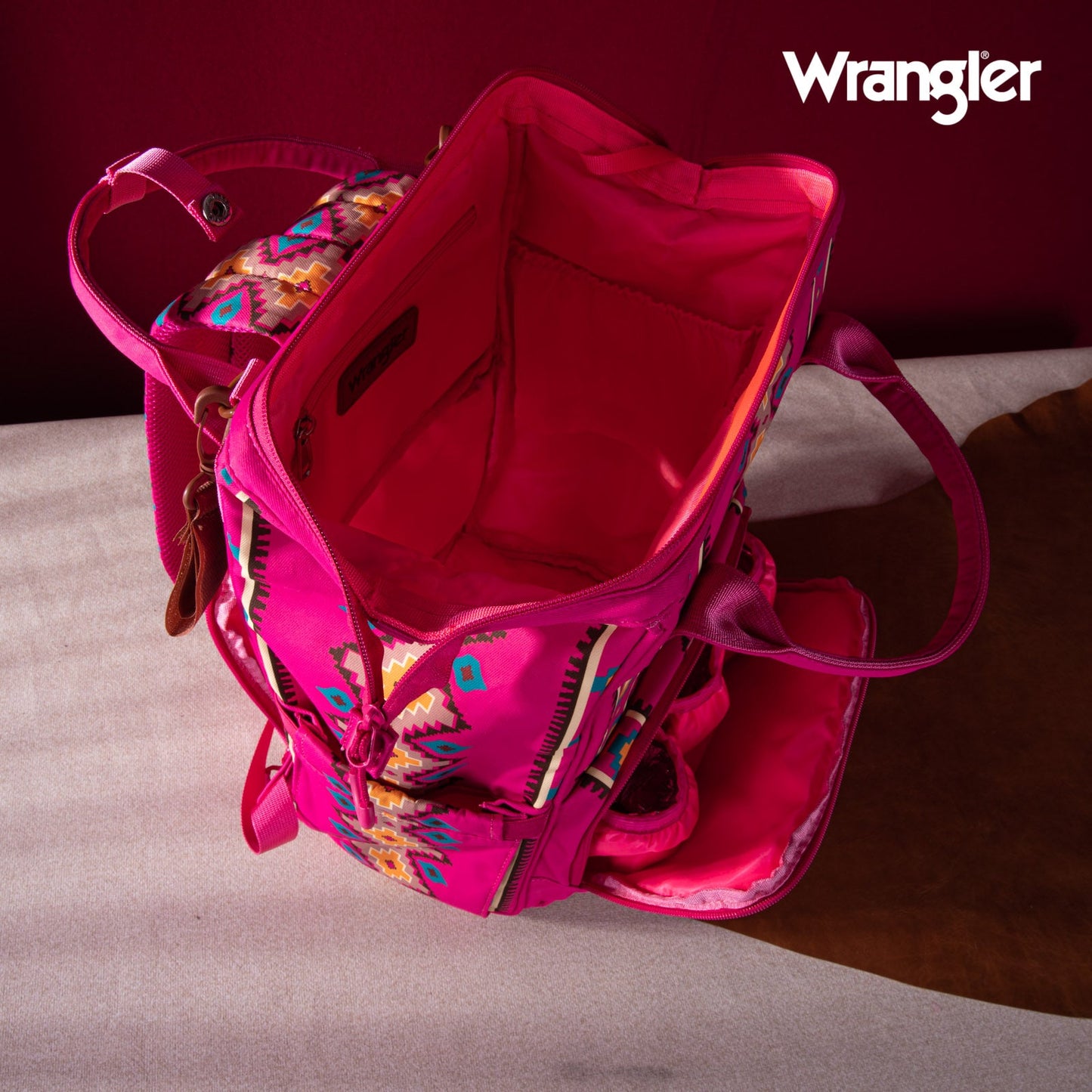 Aztec Hot Pink Wrangler Bag / Diaper Bag - Hot Pink Interior