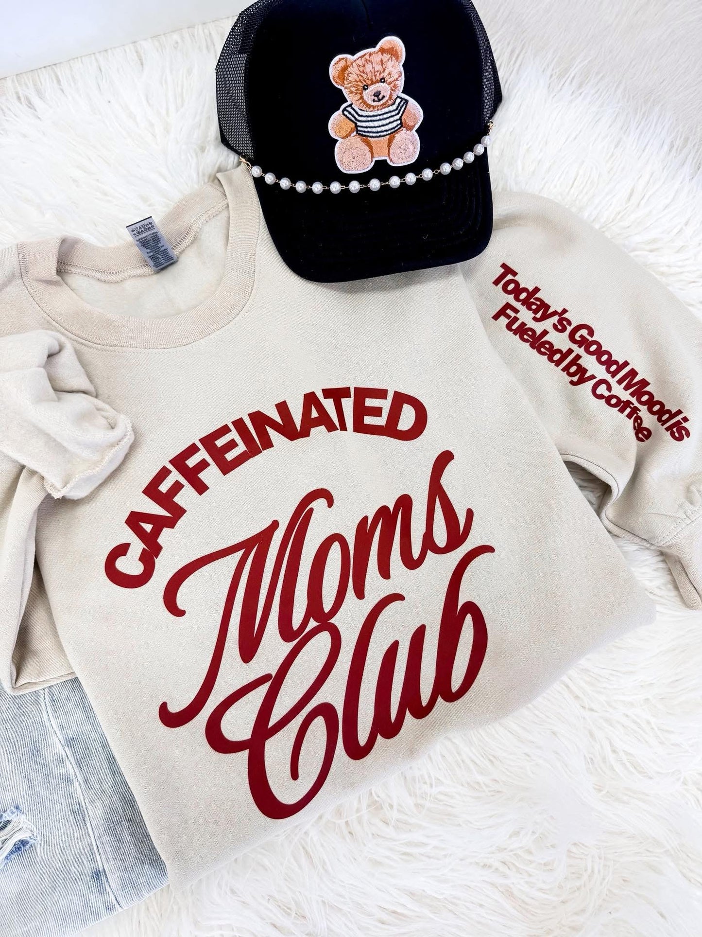 Caffeinated Moms Club w/ sleeve print Crew RTS