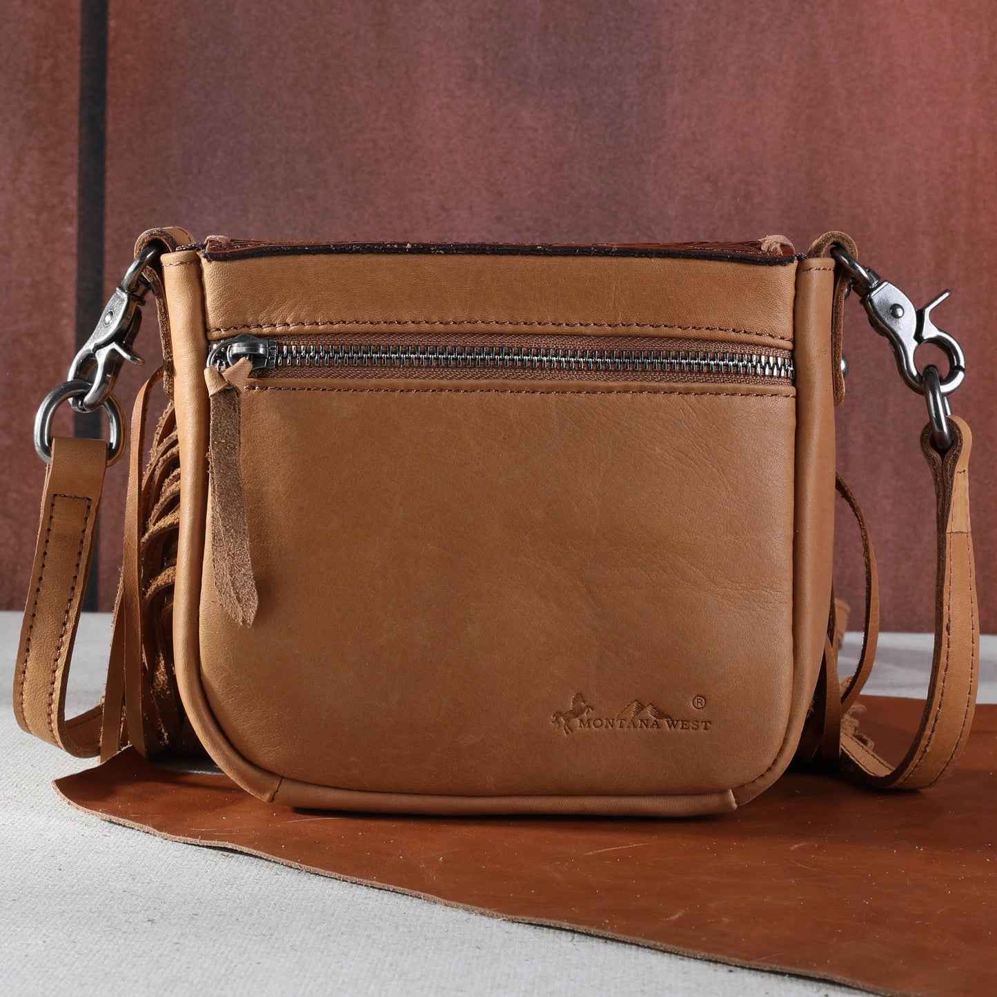 Genuine Leather Tooled Collection Fringe Crossbody Montana West RTS