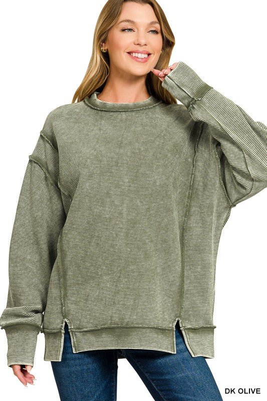 Parker Acid Wash Ribbed Exposed Seam Pullover