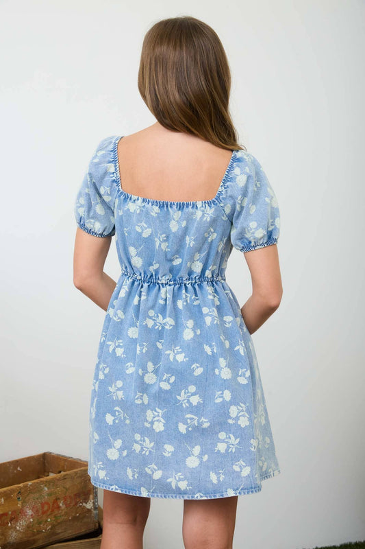 Abby Washed Denim Floral Puff Sleeve Mini Dress