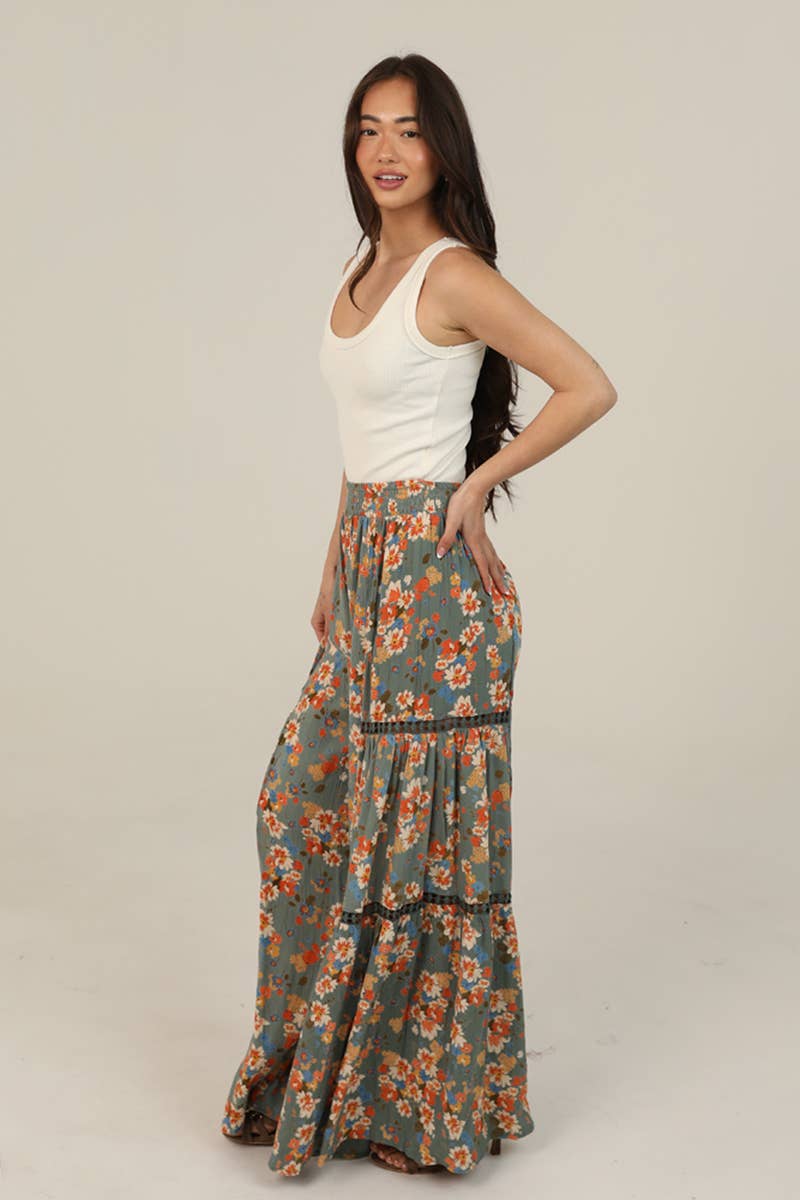 Cozumel Floral Wide Leg Lace Panel Fun Pants