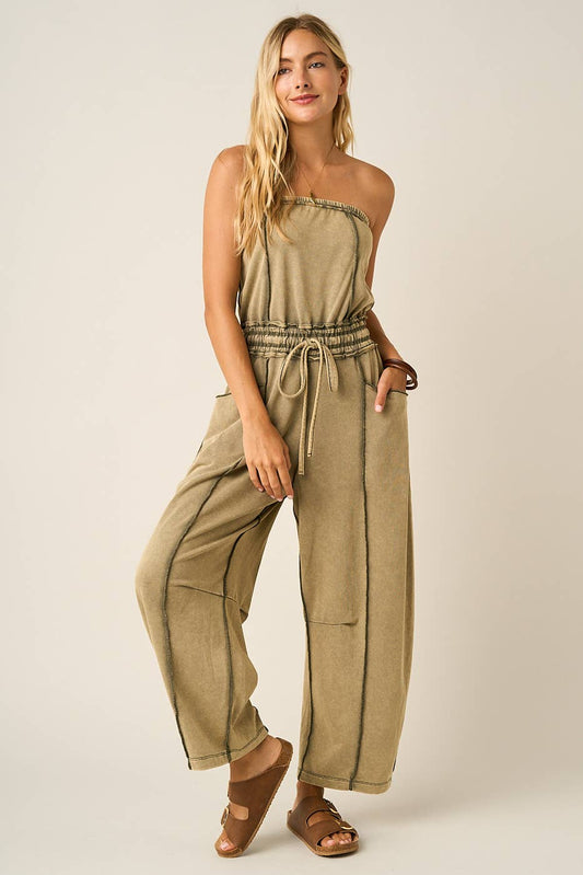 Matcha Mineral Wash Strapless Barrel Jumpsuit