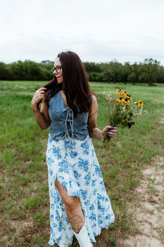 Raeann Floral Washed Denim Tie Front Vest