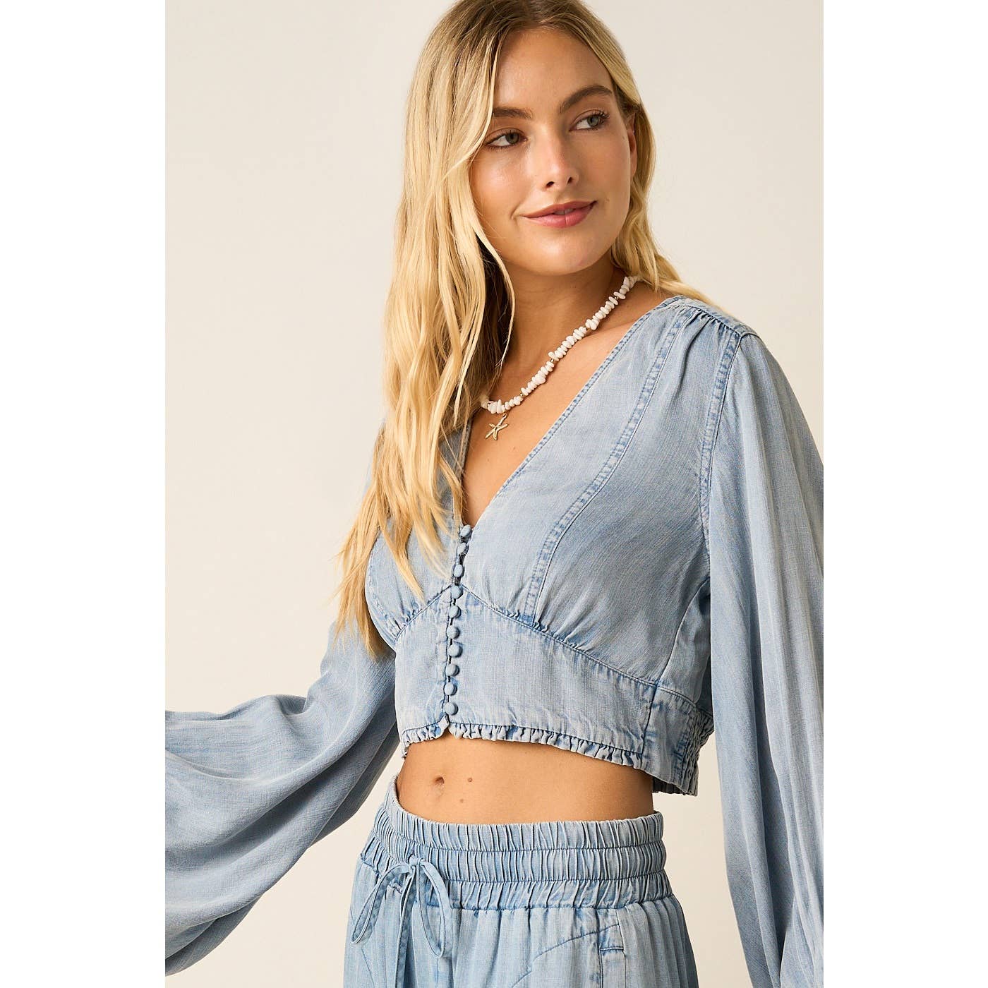 Ava Washed Chambray Vintage Button Balloon Sleeve Crop