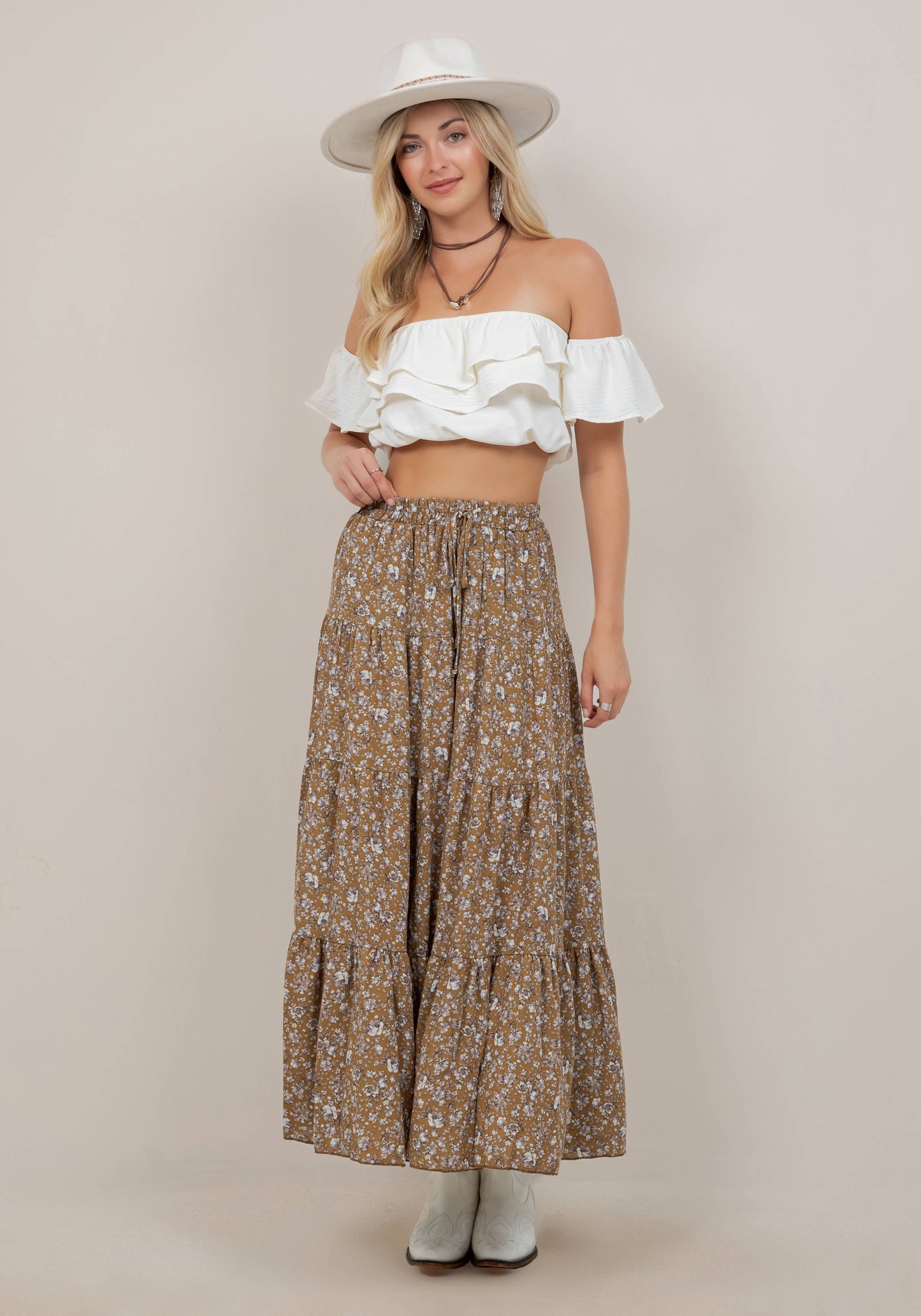 The Vault Mustard + Gold Paisley Tiered Maxi Skirt w/Pockets