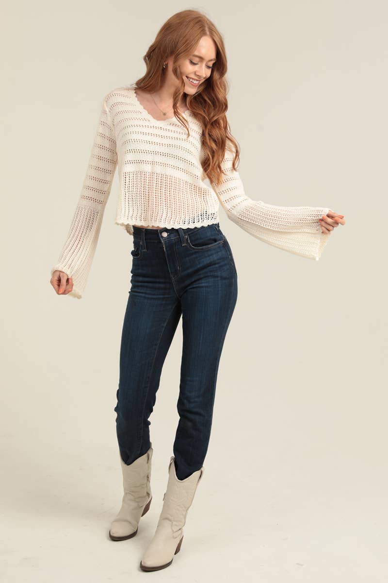 Jori Flare Sleeve Lightweight Open Knit Sweater