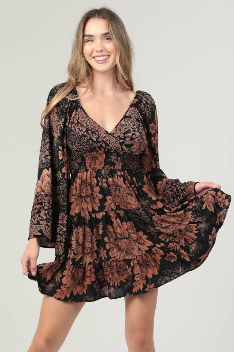 River Smocked Waist Bell Sleeve Mini Dress