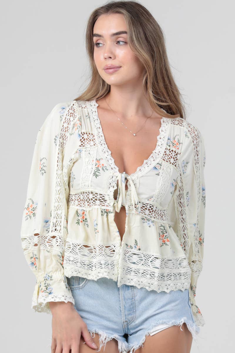 Ivory Boho Lace Trim Tie Front Top