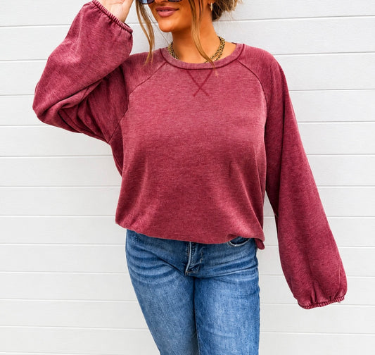 Wine Stone Washed Raglan Pullover