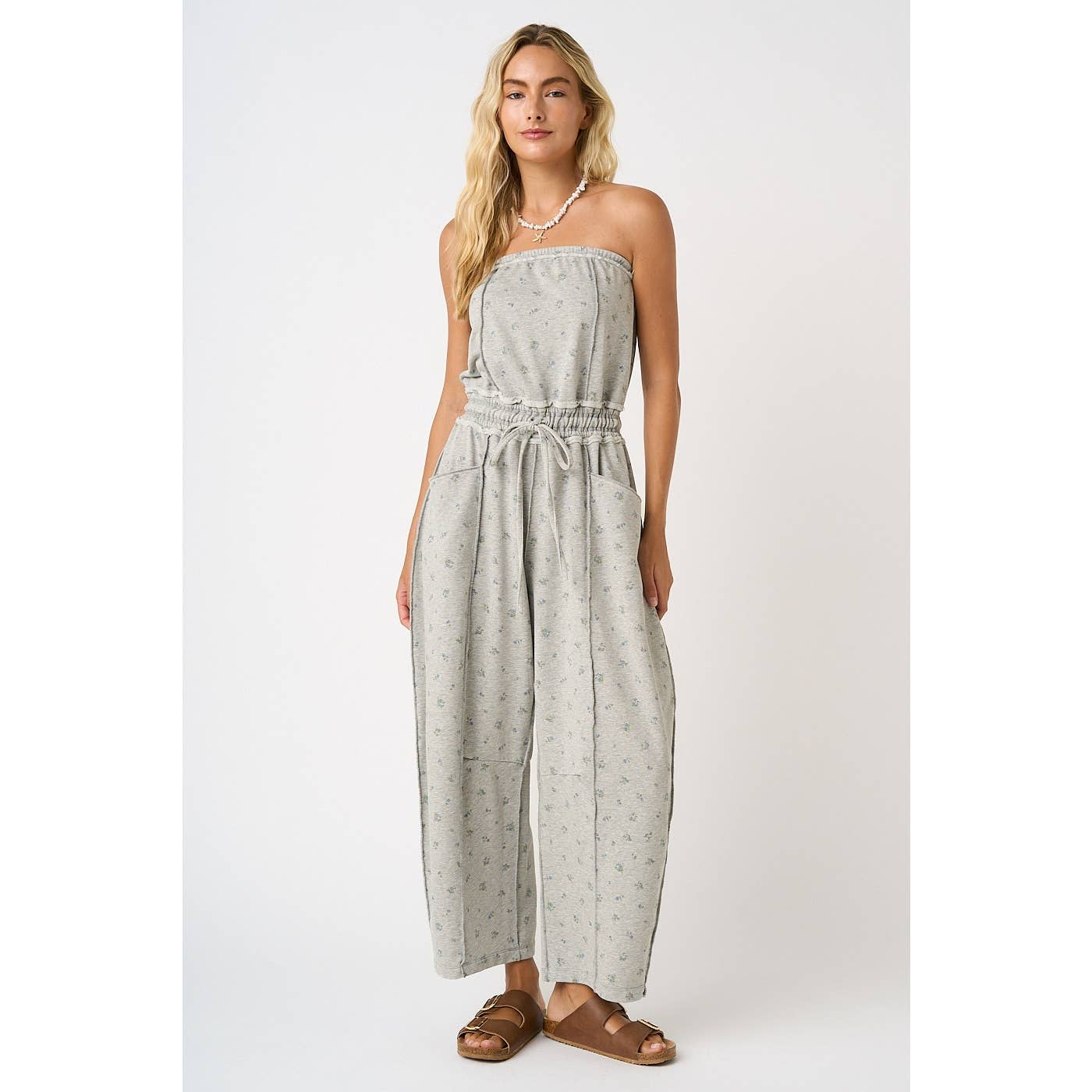 Floral Mineral Wash Contrast Stitch Barrel Leg Jumpsuit