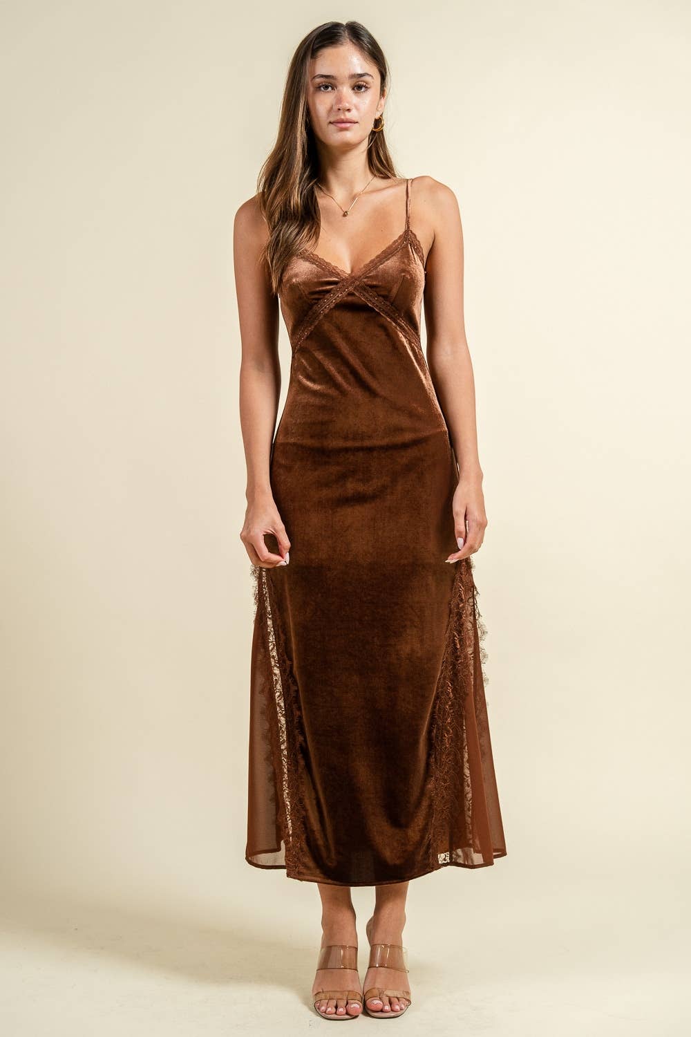 Mocha Velvet Lace Detail Maxi Dress