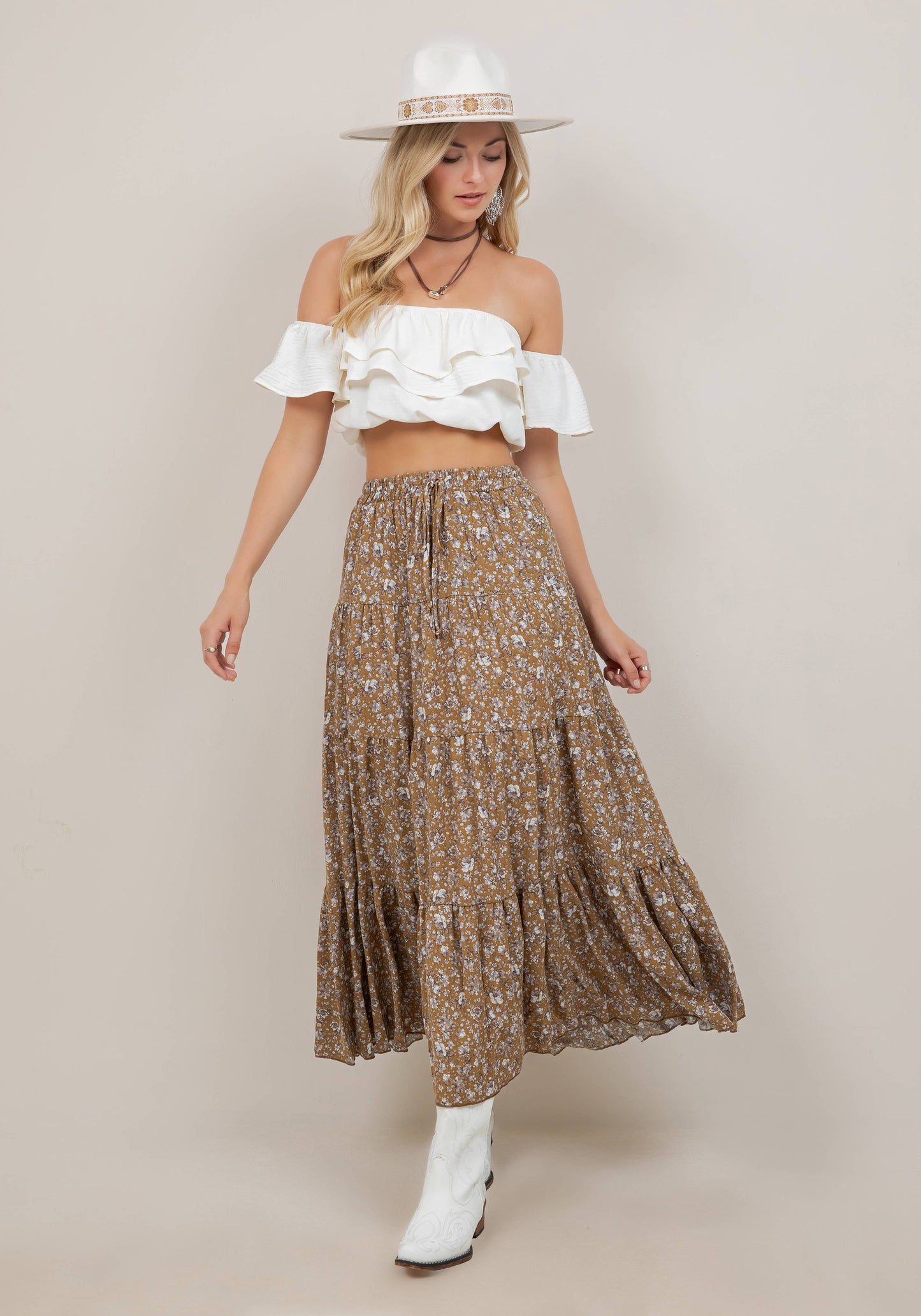 The Vault Mustard + Gold Paisley Tiered Maxi Skirt w/Pockets
