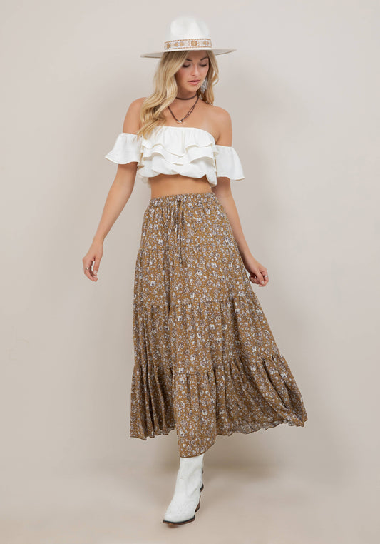 The Vault Mustard + Gold Paisley Tiered Maxi Skirt w/Pockets
