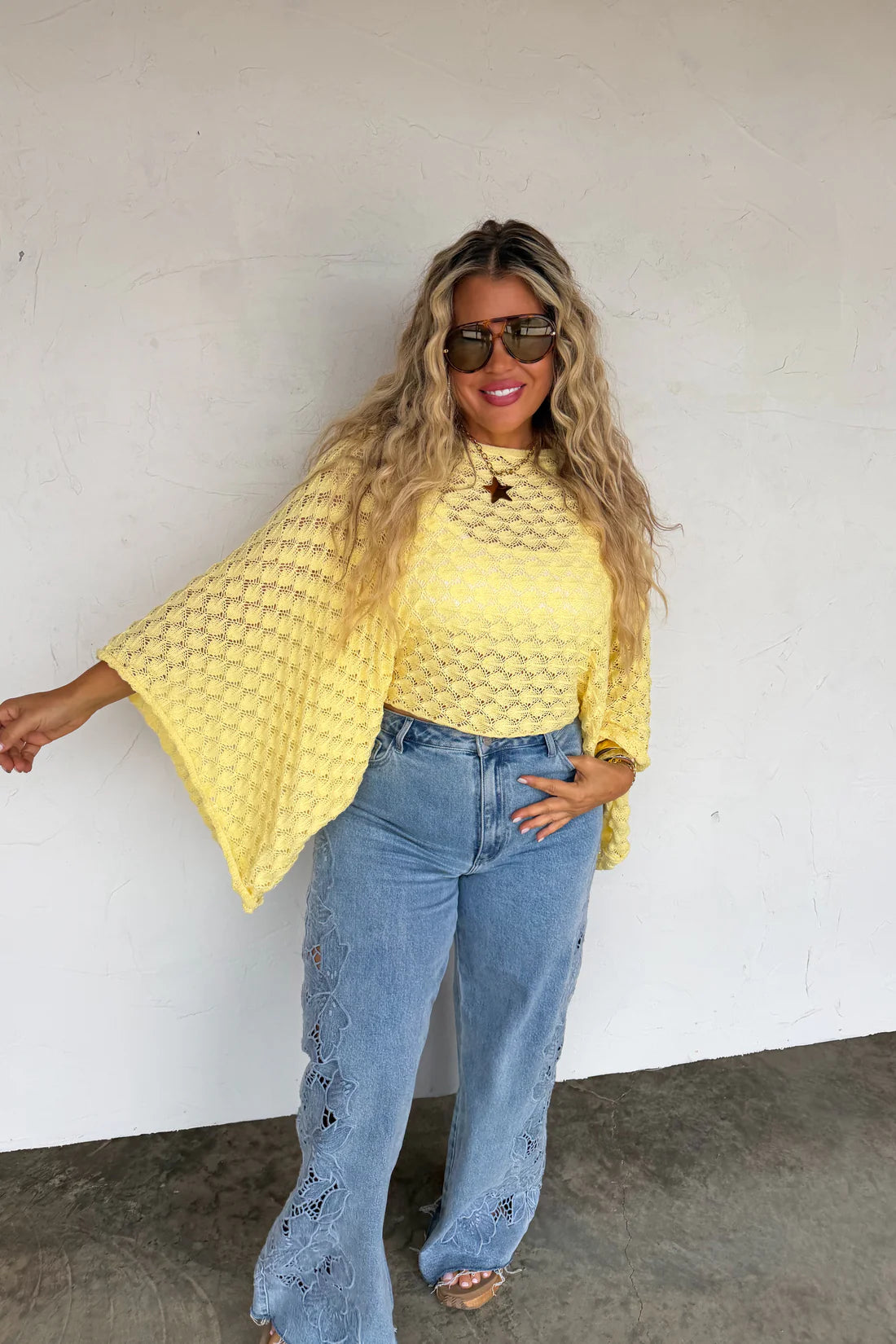 Lemon Boho Bell-Sleeve Knitted Top