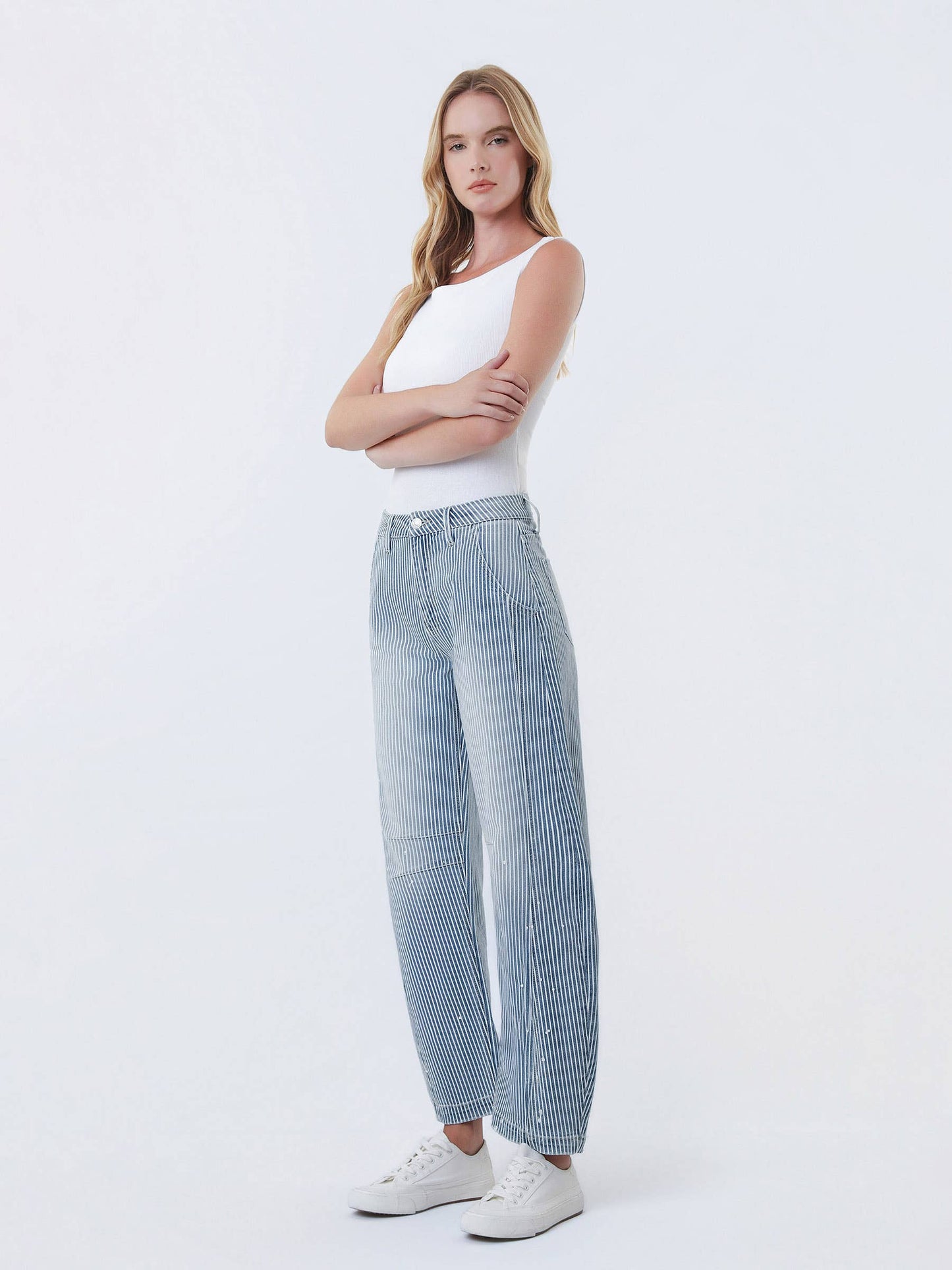 Harlow High-Rise Stripe Barrel w/ Paint Splashed Denim