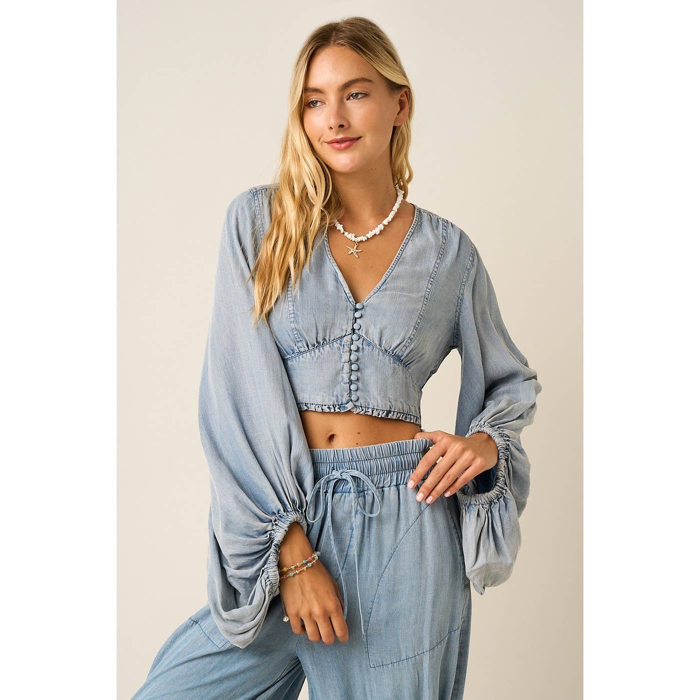 Ava Washed Chambray Vintage Button Balloon Sleeve Crop