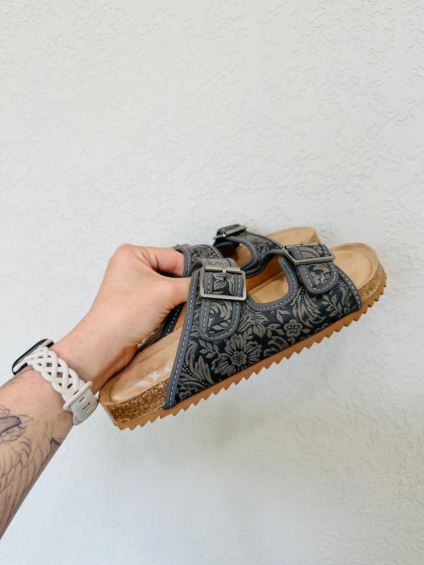 Viral Tambra Tooled Leather Double Buckle Slides - RTS