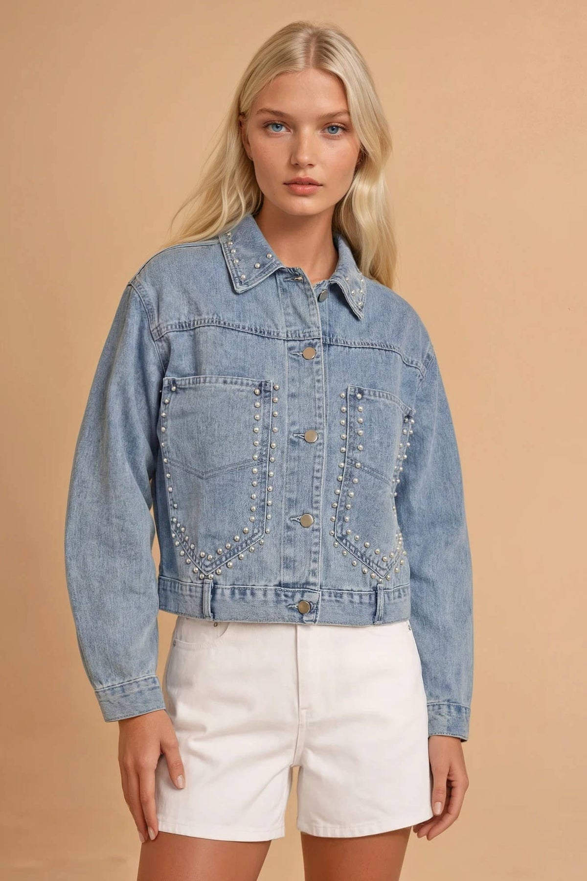 Studded Crop Washed Denim Jacket