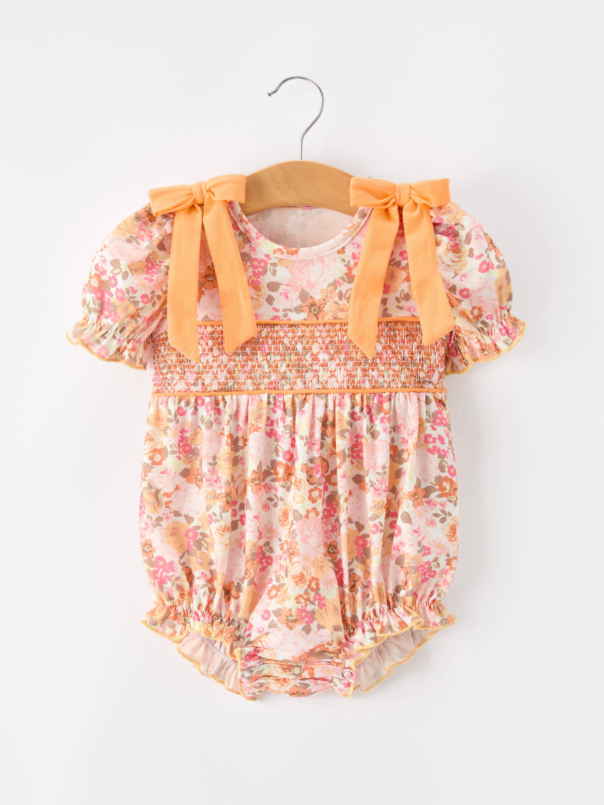 Peachy Bow Smocked Floral Bubble
