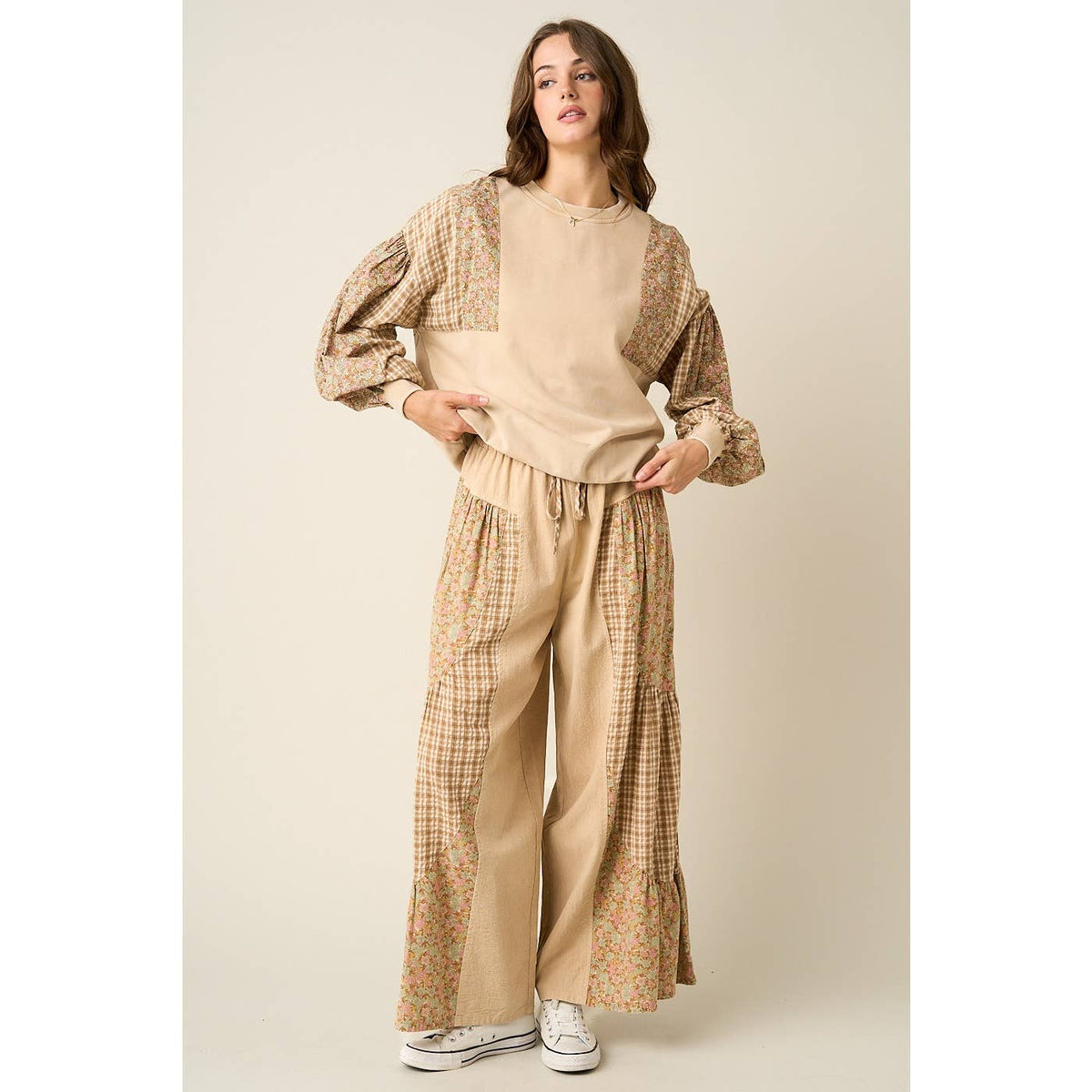 Ashlyn Patchwork Mixed Media Wide Leg Pant