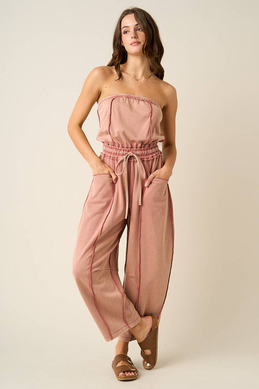Weathered Brick Mineral Wash Strapless Barrel Jumpsuit