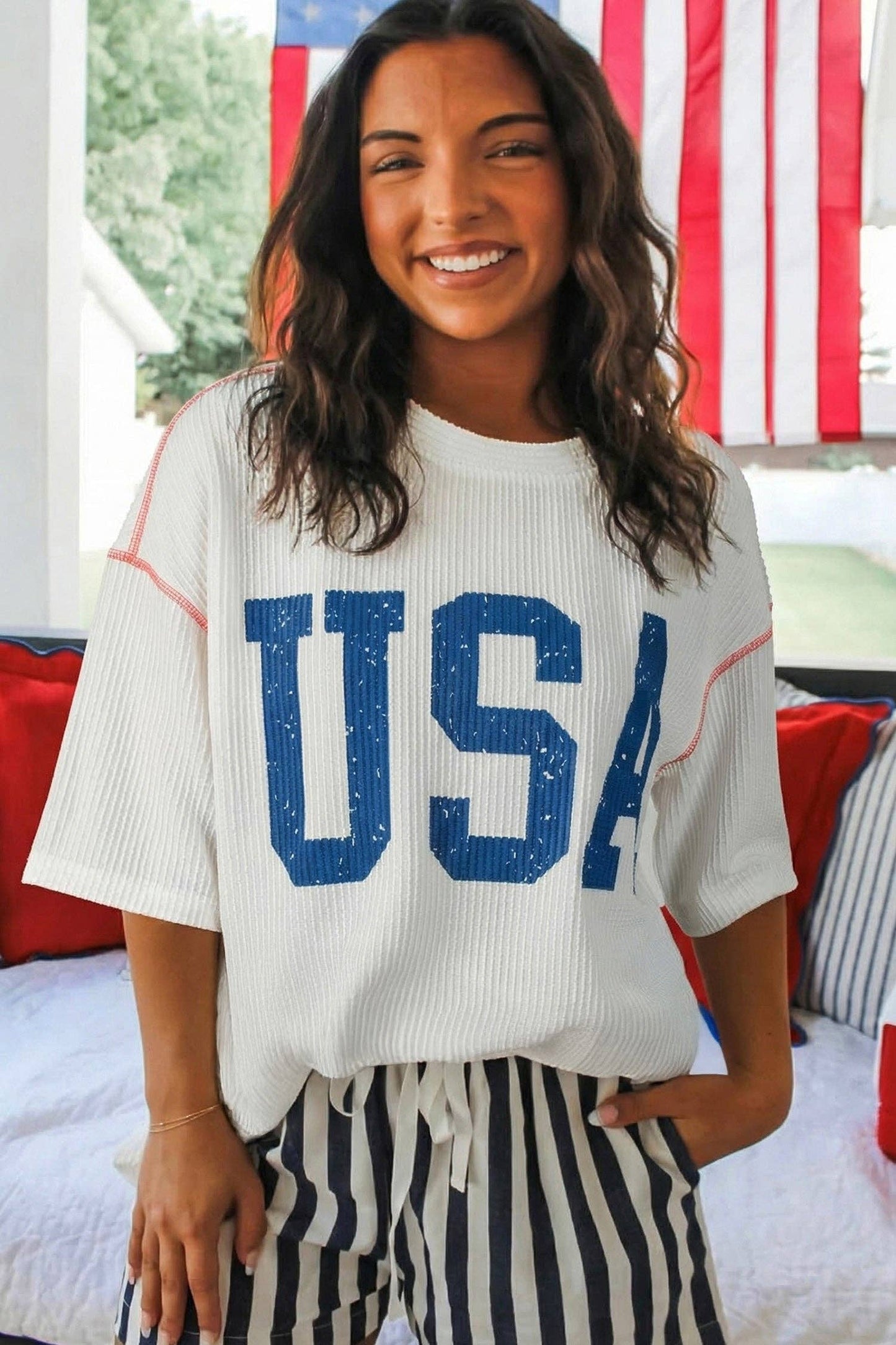 USA Ribbed Graphic Top Loose Fit Flag Day July 4th