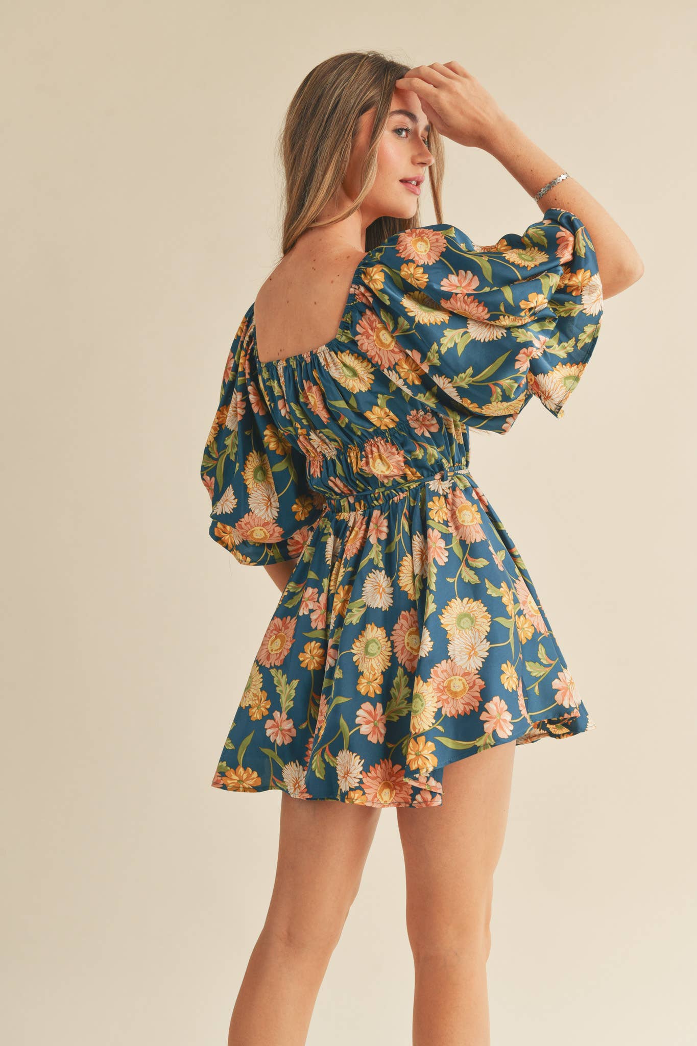 Eleighny Exclusive Satin Vintage Floral Bubble Sleeve Mini Dress