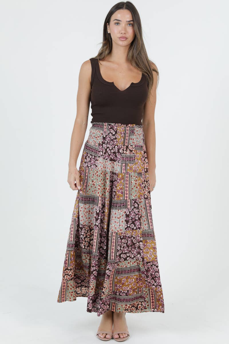 Tiered Bonnie Floral Patchwork Skirt w/Smocked Waistband