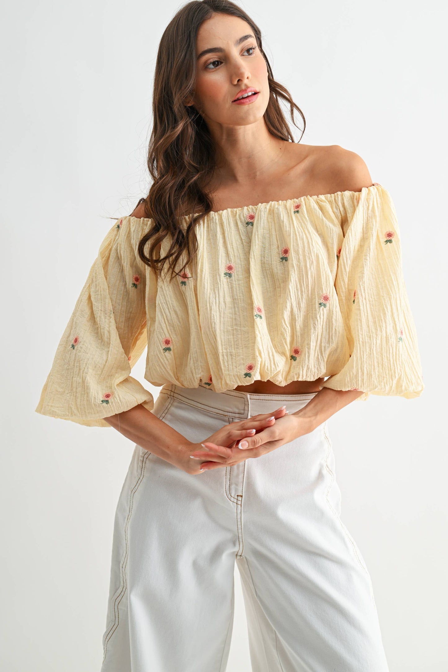 Off-The-Shoulder Lemonade Floral Embroidered Top