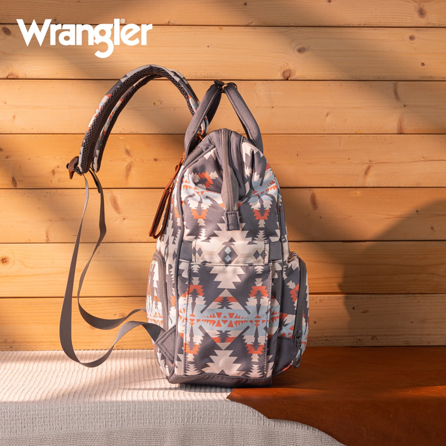 Aztec Gray Wrangler Bag / Diaper Bag - Hot Pink Interior
