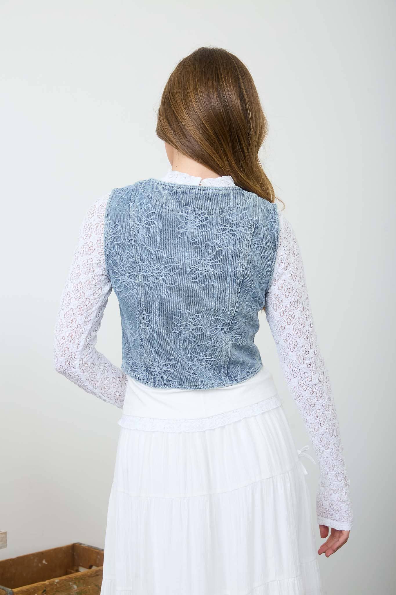 Raeann Floral Washed Denim Tie Front Vest