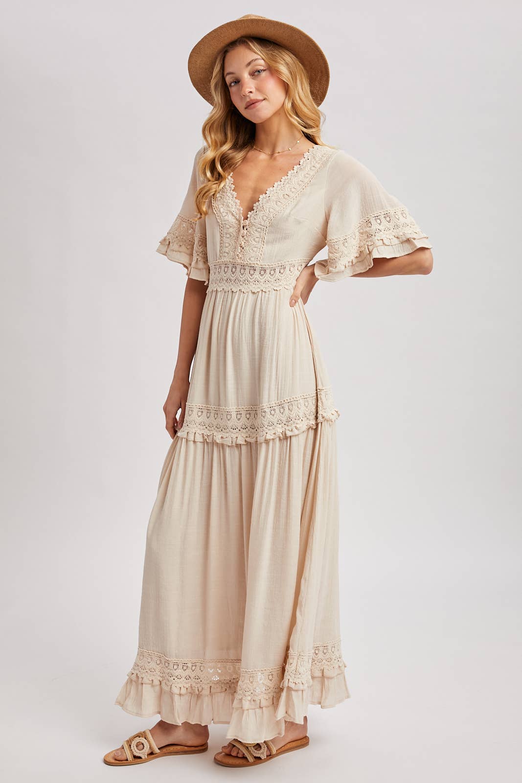 Ava V-Neck Lace Trim Maxi Dress