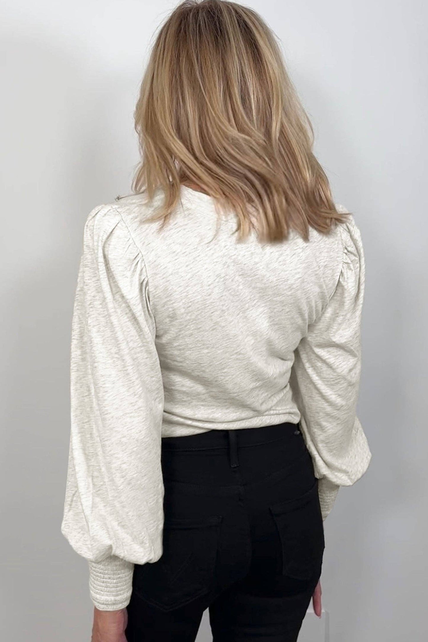 Oatmeal Shirred Cuff + Puff Sleeve Peasant Top
