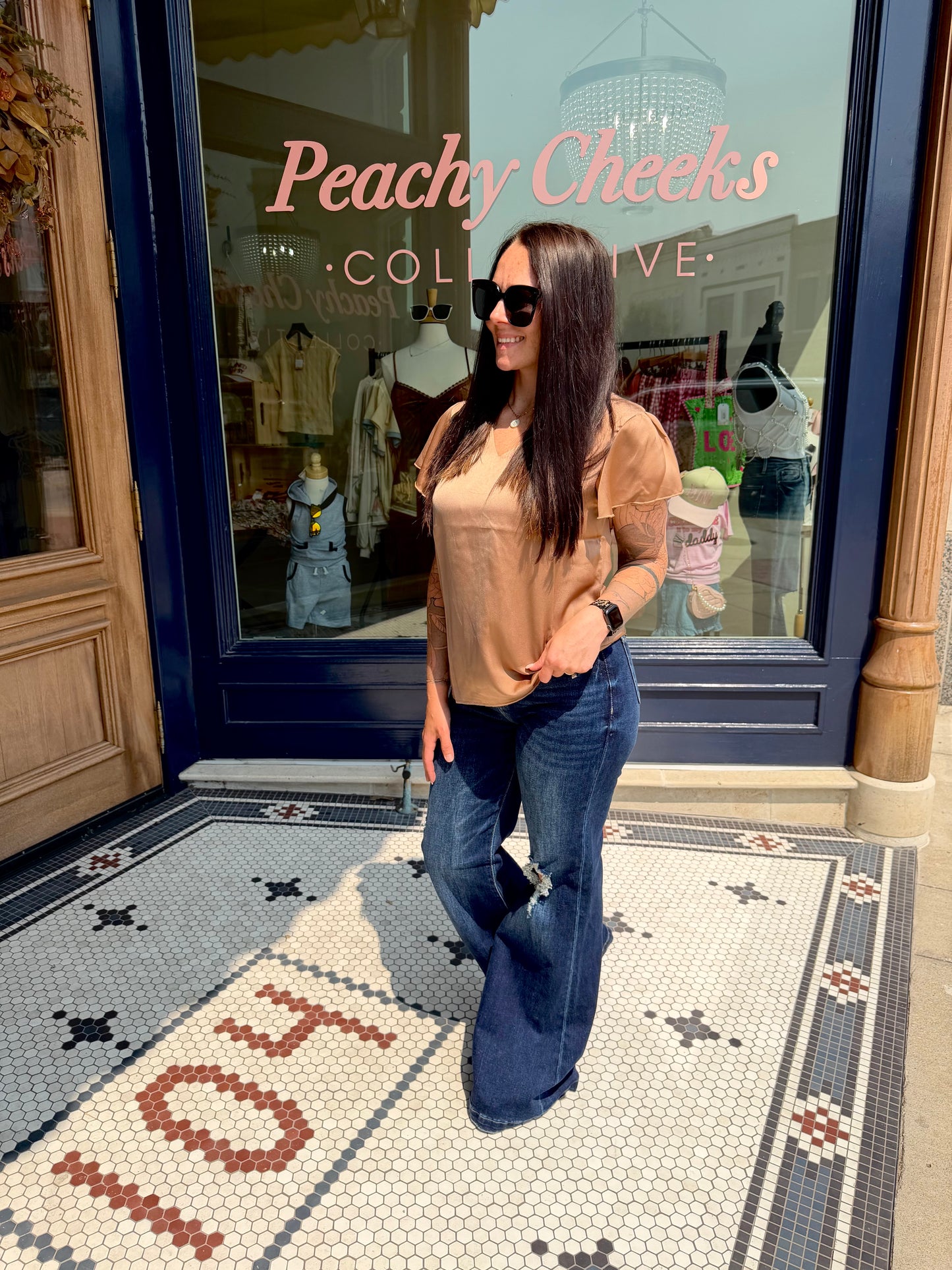 V-Neck Satin Blouse Flutter Sleeve Top