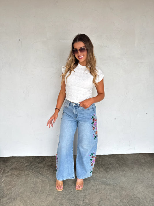 Wildflower Embroidered Wide Leg Denim