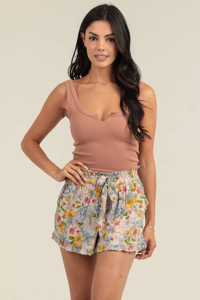 Flower Garden Print Ruffle Hem Shorts