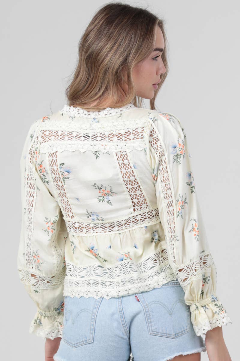 Ivory Boho Lace Trim Tie Front Top