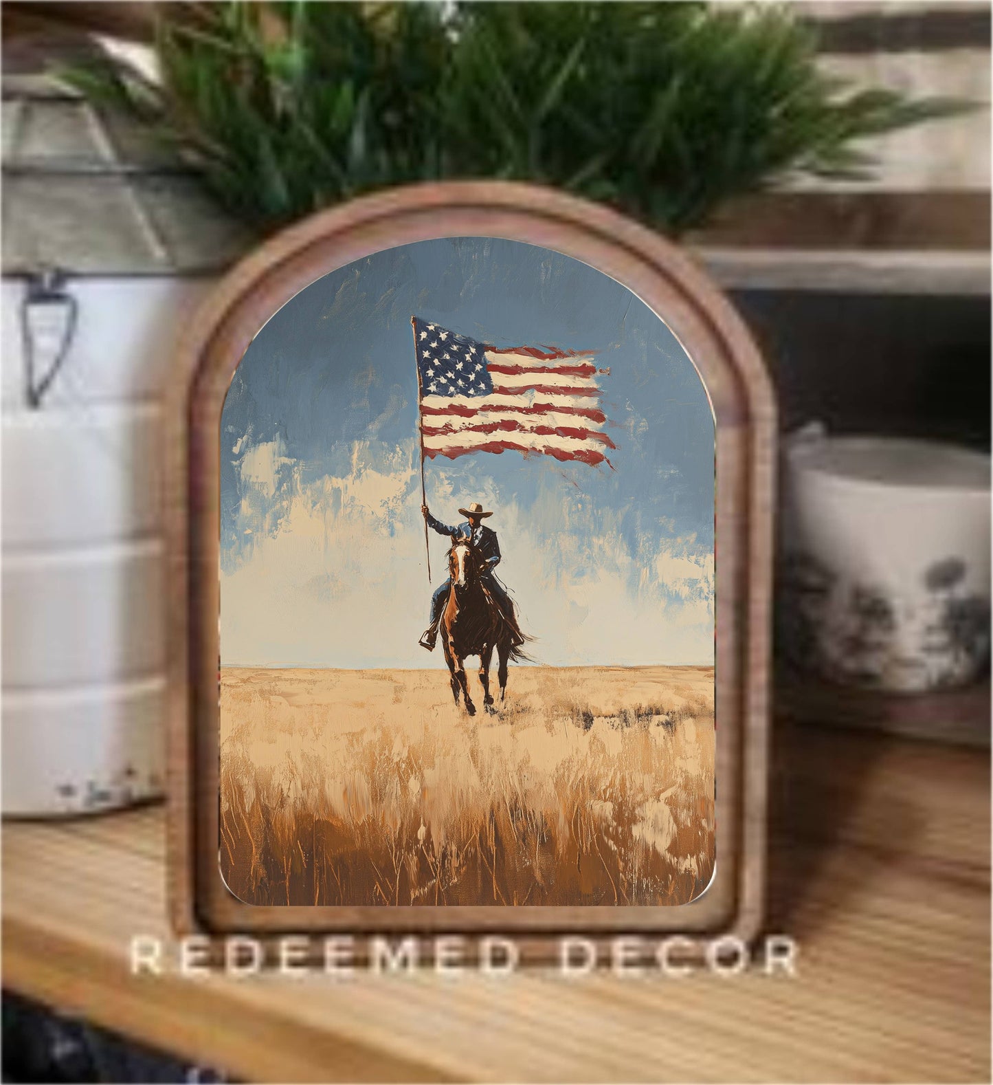 Arch Top Cowboy With Flag Framed Art