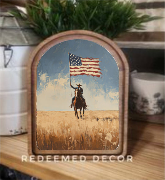 Arch Top Cowboy With Flag Framed Art