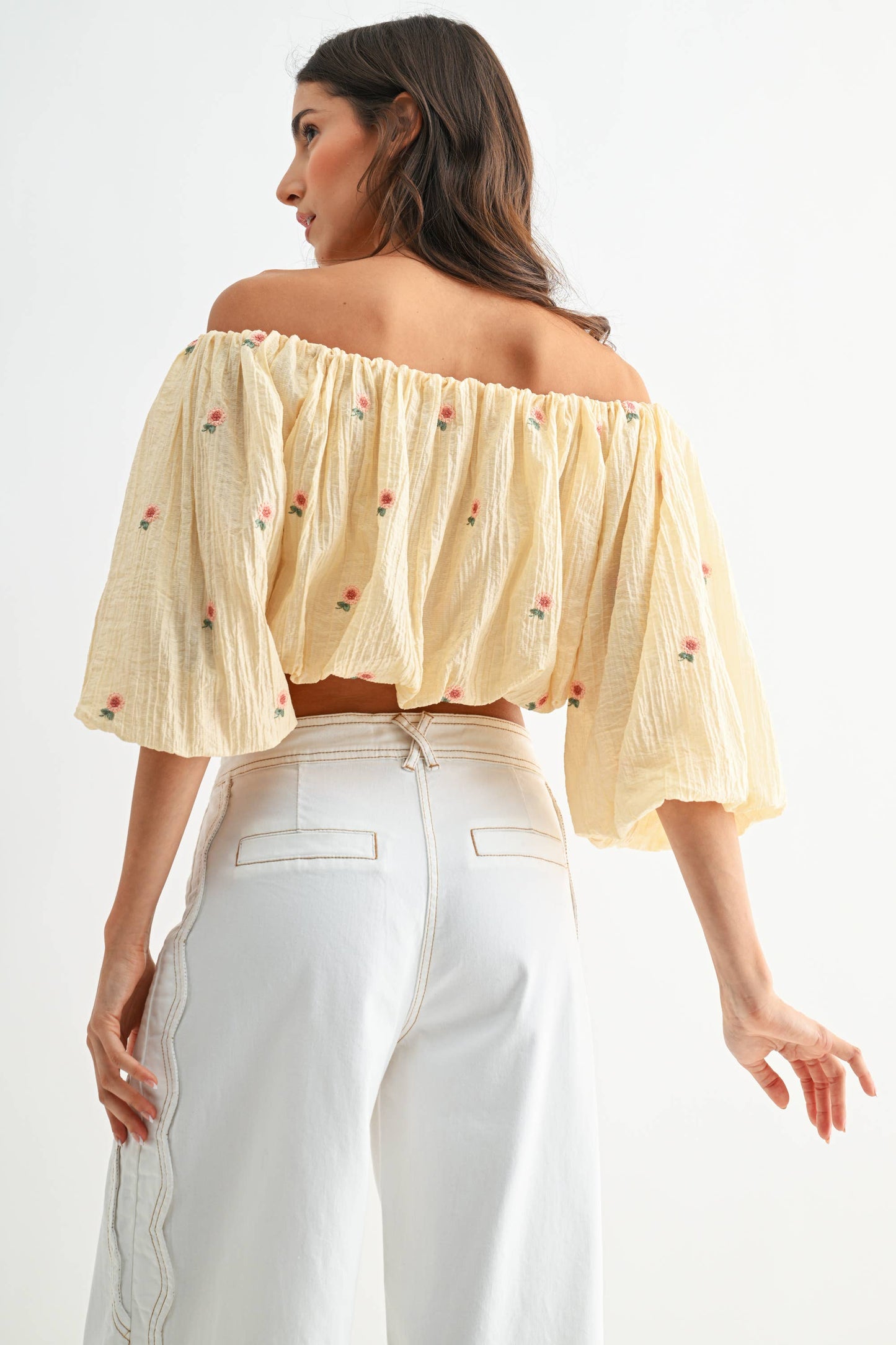 Off-The-Shoulder Lemonade Floral Embroidered Top