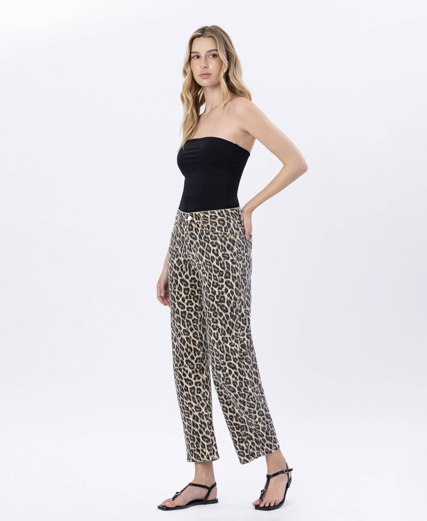 High Rise Leopard Barrel Denim