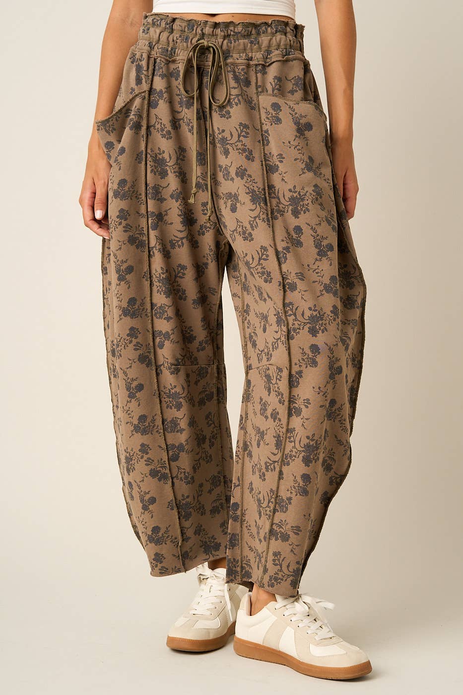Mocha Floral Seam Detail Barrel Pants
