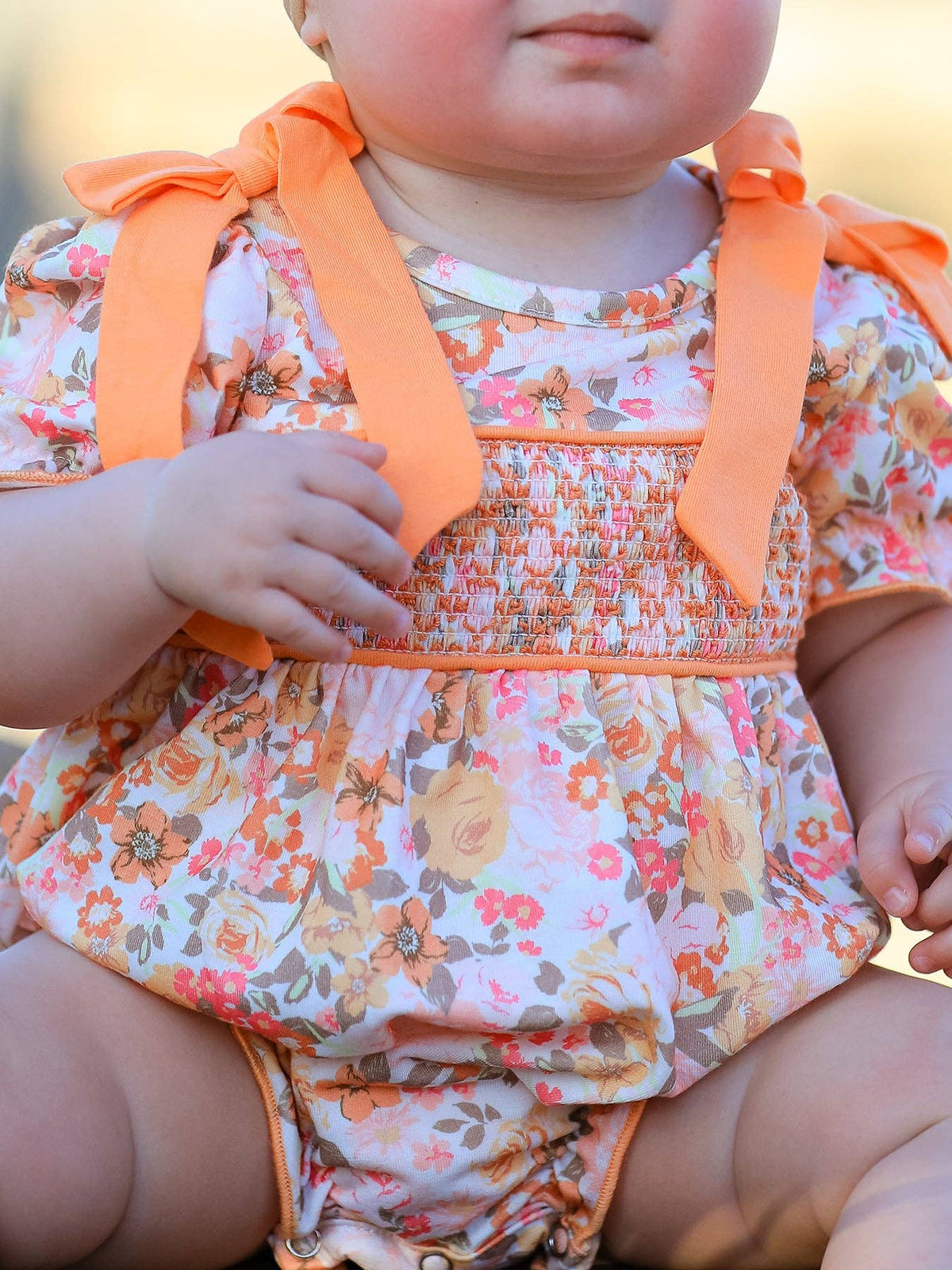 Peachy Bow Smocked Floral Bubble