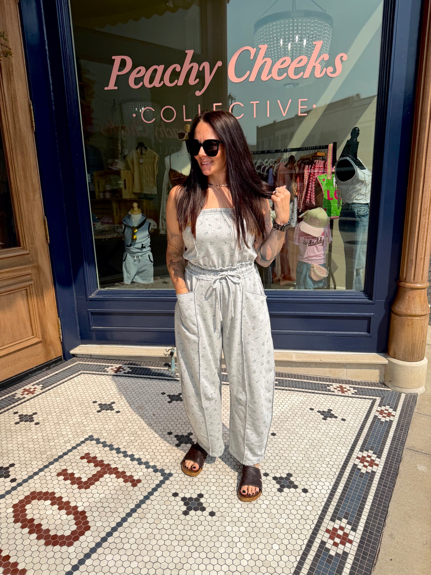 Gray Floral Mineral Wash Contrast Stitch Barrel Leg Jumpsuit