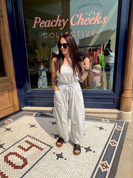 Gray Floral Mineral Wash Contrast Stitch Barrel Leg Jumpsuit