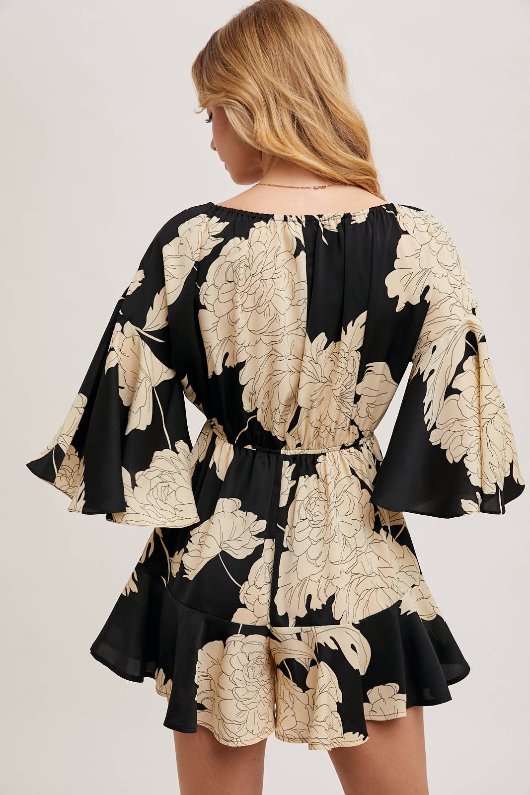 Black Beachy Floral Off The Shoulder Bell Sleeve Romper