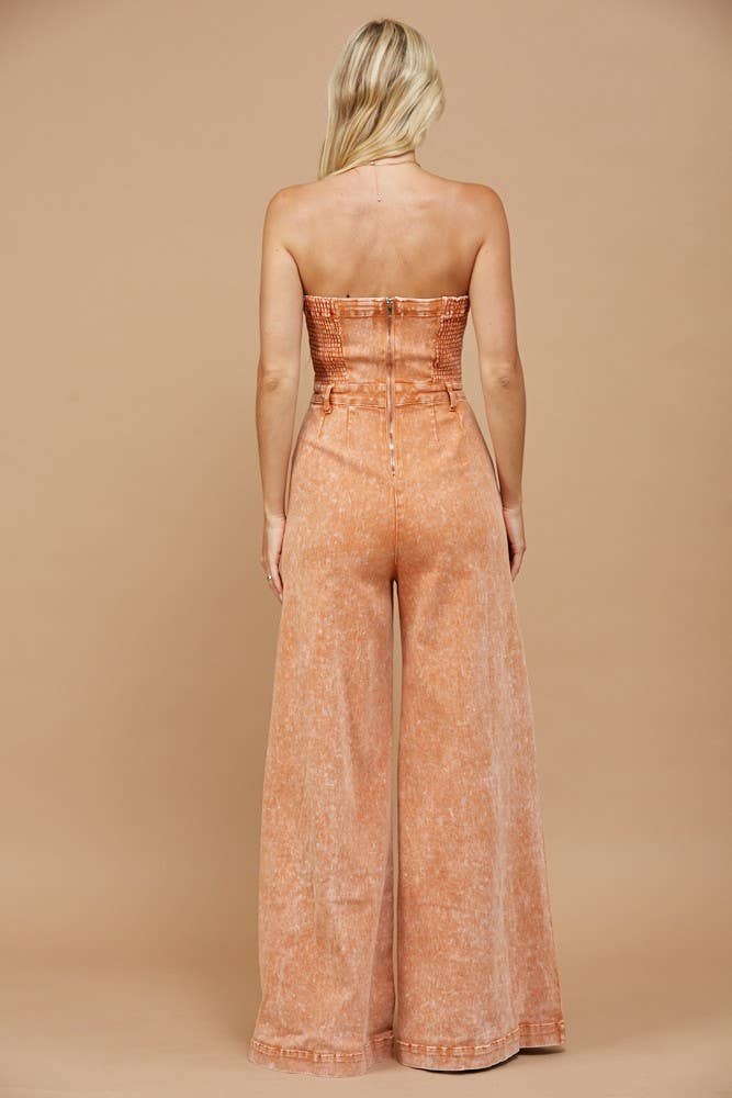 Boho Stone Wash Wide Leg Denim Jumpsuit